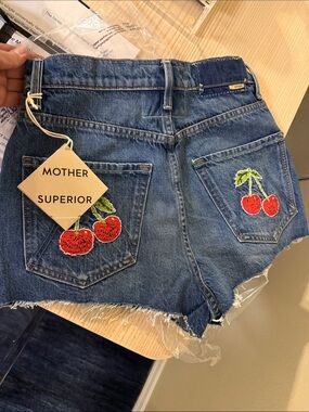 NWT Mother Denim Tune Up Short Fray 26 Green Thumb Red Cherry Embroidery